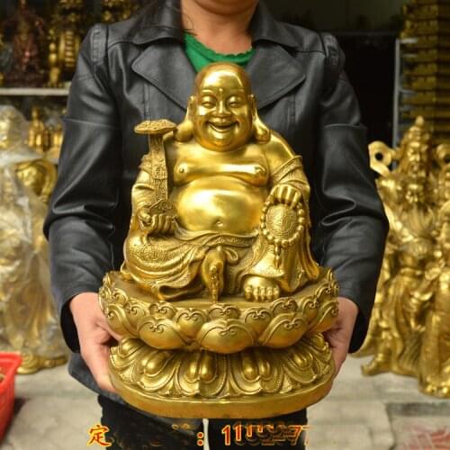 LARGE # HOME SHOP COMPANY HALL DECORATION THRIVING BUSINESS MONEY DRAWING GOOD LUCK GOLD MAITREYA BUDDHA BRASS FENG SHUI STATUE
