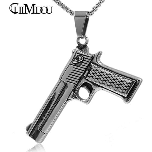 CHIMDOU punk hip hop boy man Pistol Handgun necklace,men stainless steel long chain silver color men colar jewelry