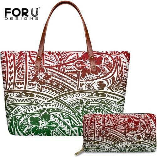 Gradients Polynesian Tradition Tribal Tattoo Floral Print Bag&Wallet for Women Hawaiian Tote Handbag Large Capacity Crossbody