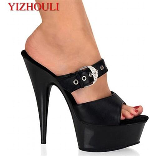 Summer high-heeled black buckle trim, 15cm pole dancing sandals 6in dancer shoes