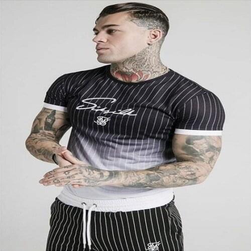 Summer Fashion Mens Micro Elastic Slim Half Stripe Gradual Change Round Neck Vitality Versatile Printing Short Sleeve