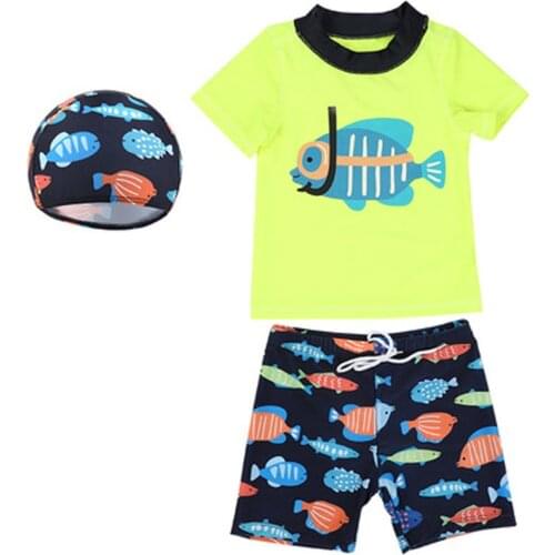 2021 Summer ChildrenS Swimsuit Boys Short-Sleeved Split Athing Surfing Beathwear Swimsuit Baby Cartoons Surf Three-piece Suit