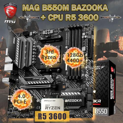 AM4 MSI MAG B550M BAZOOKA Motherboard + CPU AMD Ryzen 5 3600 Set DDR4 128Gb 4400+MHz M.2 PCI-E 4.0 Placa-Mãe Desktop B550 Bundle