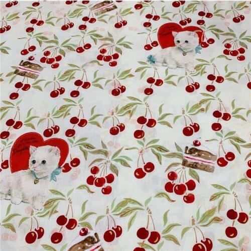 Cartoon Cat Small Cherry Print 100% Cotton Fabric for Girl Clothes Hometextile Cushion Cover Backpacks DIY
