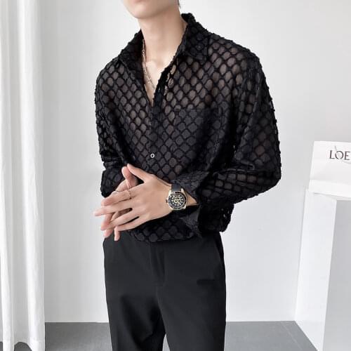 Autumn Long Sleeve Sexy Hollow Mens Shirt 2021 Korean Loose Harajuku Shirts Social Party Nightclub Tuxedo Blouse Male Clothing
