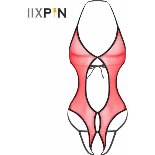 Men Lingerie Open Crotch Teddy Bodysuit See-through Mesh Adult Gay Underwear Halter Neck Lace-up Open Crotch Nightwear Sleepwear