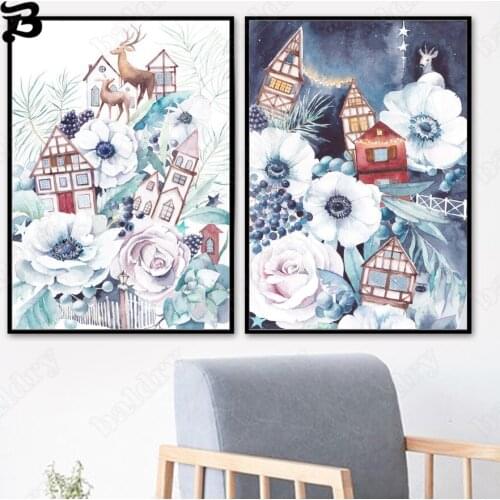 Abstract Leaning House Flowers and Deer Wall Art Canvas Painting Nordic Scenery Posters and Prints for Living Room Home Decor