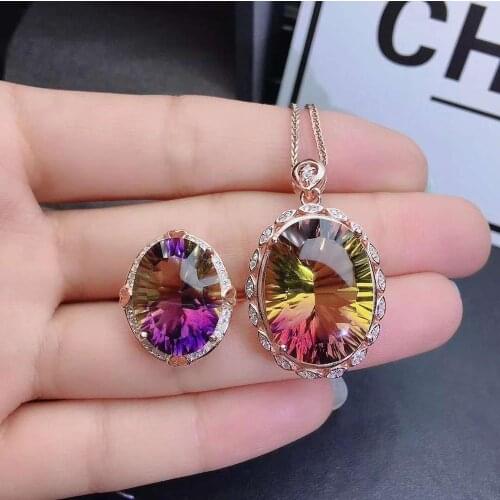 Real Natural Amethyst jewelry set Natural Real Amethyst 925 sterling silver 1pc pendant,1pc ring