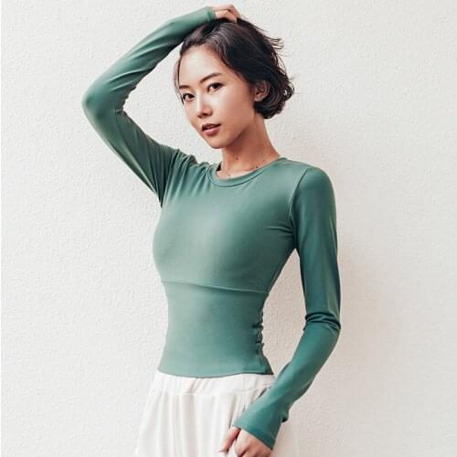 New Yoga Clothes Running Womens Quick-drying Fitness Clothes Solid Color Round Neck Slim Waist Long Sleeve T-shirt