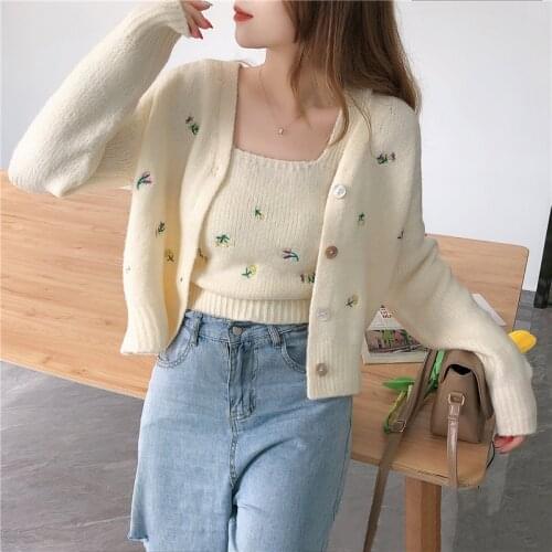 2021 Autumn Fashion Two-piece Top Suit Flower Embroidered Knitted Cardigan And Sling Sweater Korean Style Slim Sweet Jacket Sets