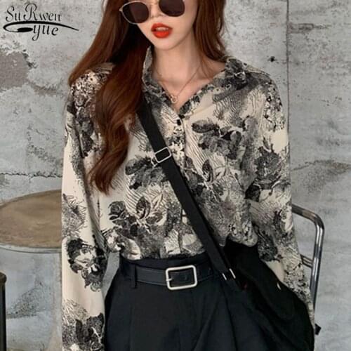 Autumn Loose Long Sleeve Chiffon Blouse Plus Size Printed Womens Shirt Western Style Fashion Abstract Cardigan Blusas 11709