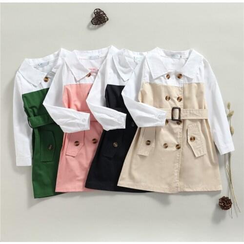 Little Girls Casual Long Sleeve Dress Fashion Color-block Double Breasted A-line Dress with Waist Belt, 2-7Years