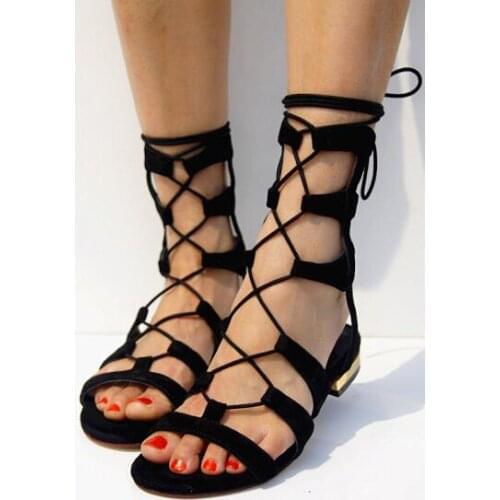 Black Suede Leather Women Lace Up Sandals Open Toe Ankle Bandage Ladies Flat Sandals Summer Fashion Dress Shoes Gladiator Sandal