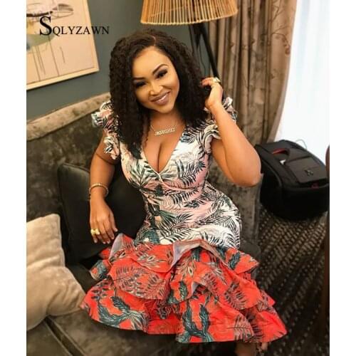 Sexy Dress Women Flora Printed Cascading Ruffle Hem Trumpet Mermaid Dress Plunge V-neck Sleeveless Mid-Calf Bodycon Party Dress