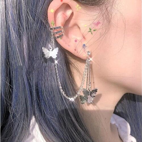 2021 New Butterfly Punk Drop Tassel Chain Earrings Ear Cuffs Harajuku Cool Jewelry for Women Girl Friendship Gifts