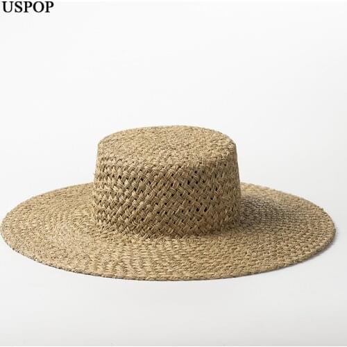 New hand-woven flat straw hat seaweed outdoor travel sunscreen beach sunshade flat hat
