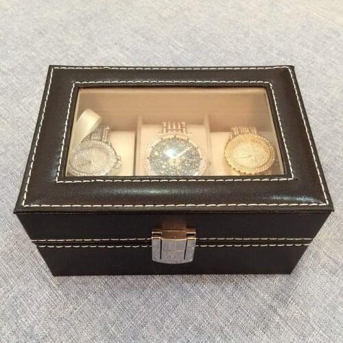 SZanbana 3 Slots Mens Black Leather Display Glass Top with Removable Watch Pillow Velvet Lining Metal Clasp Faux Leather