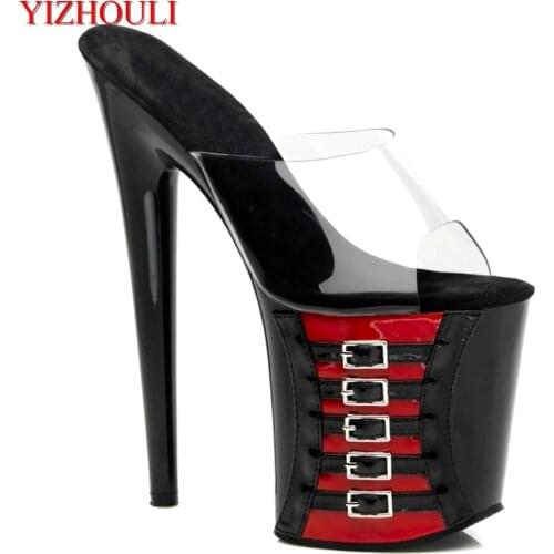 8 inch pole dancing shoes, 20 cm high heel buckle decoration, model stage transparent vamp summer slippers