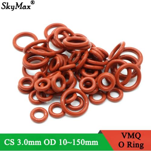 10pcs VMQ O Ring Seal Gasket Thickness CS 3mm OD 10 ~ 70mm Silicone Rubber Insulated Waterproof Washer Round Shape Nontoxi Red