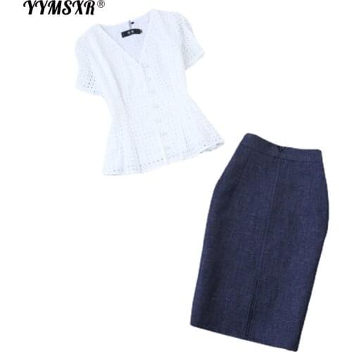 High-quality Summer Style White Cotton Embroidery Hollow Breathable Half-sleeved Shirt + Denim Bag Hip Pencil Half Skirt Suit