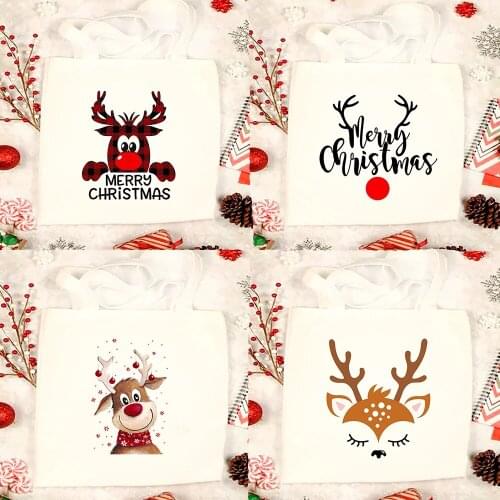 Merry Christmas Deer Women Canvas Shopping Tote Bags Fashion Causal Large Storage Graphic Bag Student Shoulder Handbag Xmas Gift