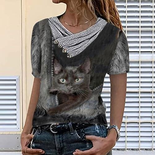 Women Clothes Summer Casual Pullovers Womens Clothing Funny Cute Cat 3d Print Short Sleeve T-shirts Ladies Fashion Tops #T3G