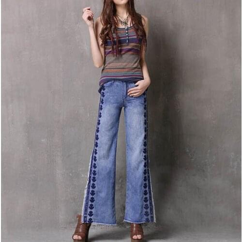Free Shipping 2019 Wide Leg Vintage Long Pants For Women Embroidery Trousers S-L Denim Side slit Tassels Jeans Spring And Summer