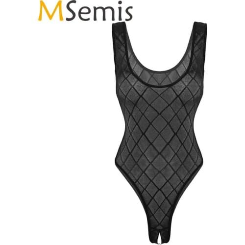 MSemis Women Black See Through Sheer Bodysuit Open Crotch Sexy Lingerie Geometric High Cut Thong Leotard Teddy Jumpsuit Clubwear