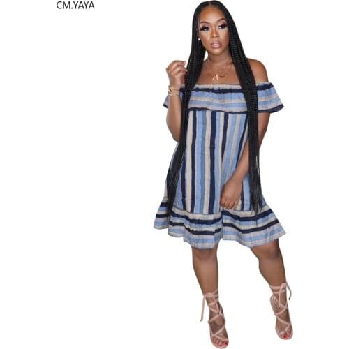 CM.YAYA Women Summer Beach Striped Off Shoulder Butterfly Sleeve Ruffles Splicing Slim Dress Bohemian Streetwear Dresses