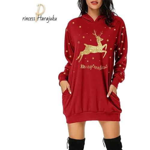 Sexy Casual Harajuku Fall/Winter Dress Women Christmas Hoodie Bag Hip Pocket Print Hoodie Short Fashion Dress Vestido De Mujer