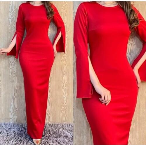 Elegant Mermaid Long Sleeve Prom Dresses Maxi Zipper Back Floor Length O-Neck Robe De Soiree Red Formal Party Gown