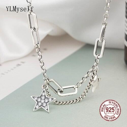 100% Guarante Real 925 Silver 33+10cm Chain Choker with Star Pendants Hiphop Rock Fine Jewelry For Women