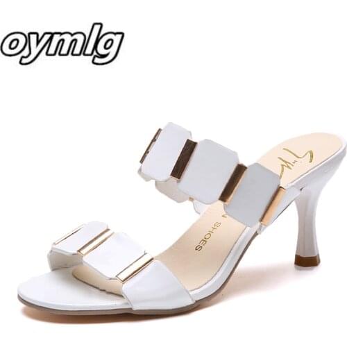 2020 summer patent leather stiletto heels solid color shallow mouth sequins metal decorative high heels set foot Single shoes