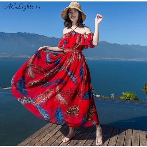 Boho Red Womens Dresses Beach New Arrival 2020 Sexy Off Shoulder Ruffle Dress Bohemian Print Maxi Long Dress Summer Vestidos