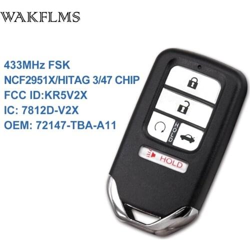 For Honda CIVIC CR-V 2016 2017 2018 2019 5 Buttons 433MHz NCF2951X / HITAG 3 / 47 CHIP Keyless Go / Entry Car Key 72147-TBA-A11