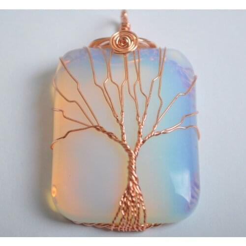 Tree of Life -Copper Wire Wrap Women Jewelry For Necklace Natural White Opal Bead Rectangle Pendant 1Pcs K2033