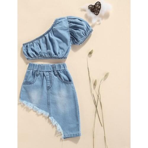Ma&Baby 1-5Y Kids Girls Clothes Sets Summer One Shoulder Crop Tops Skirt Blue Denim Outfits Children Costumes DD43