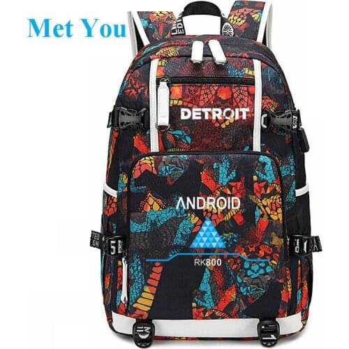 Cartoon Detroit: Become Human Backpack USB Port Rucksack Bag Snake Pattern Teenager Student BookBags travel Shoulder Laptop Bag