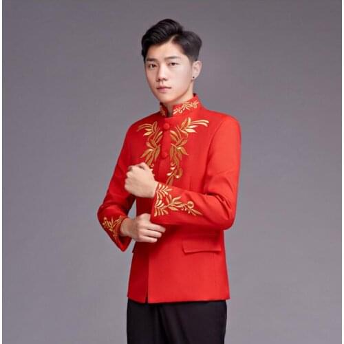 Chinese style 2020 new arrival slim stand collar men suit embroidery mens wedding suits formal dress mens groom suit red