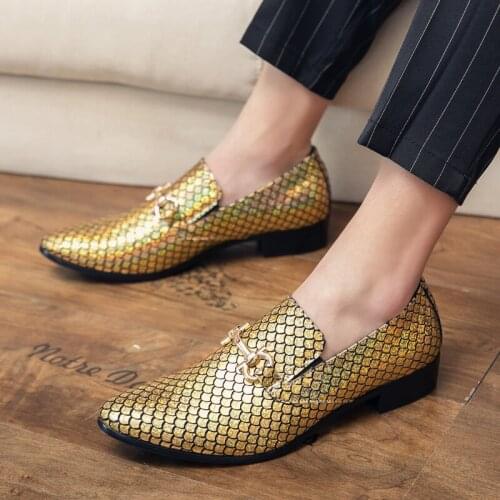 New Men Glitter Gold Silver Fish Scale Pattern Oxford Formal Shoes Male Wedding Prom Homecoming Flats Sapato Social Masculino