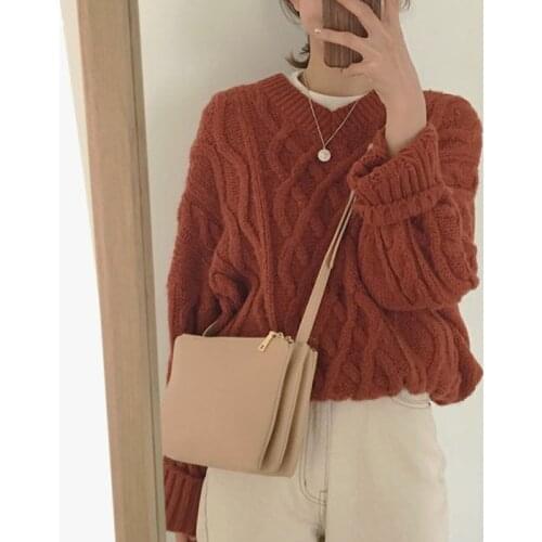 Autumn New Thick Needle Hemp Flower Sweater Loose Solid Color Long Sleeve Head V Neck Was Thin Sweater Womens Clothing