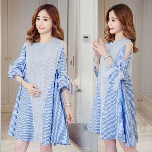 Striped Pregnant Woman Dresses Summer Loose Round Collar Maternity Set Clothes Shoulder Hole Pregnancy Clothes Dress
