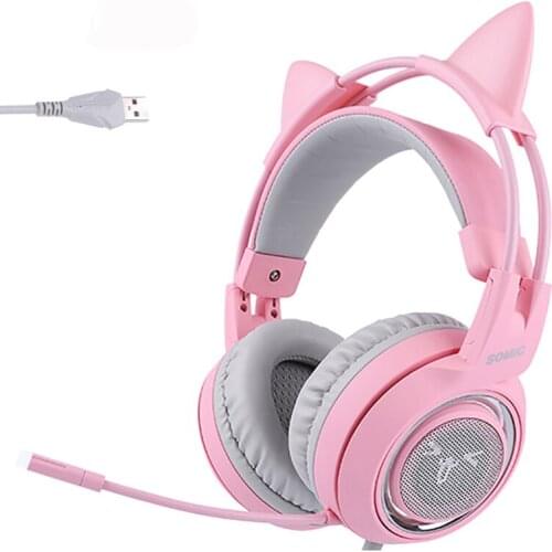 SOMIC Pink Gaming Headset 7.1 Surround-Sound G951 Cat Ear Stereo Noise Cancelling Headphone Vibration LED USB Earphones
