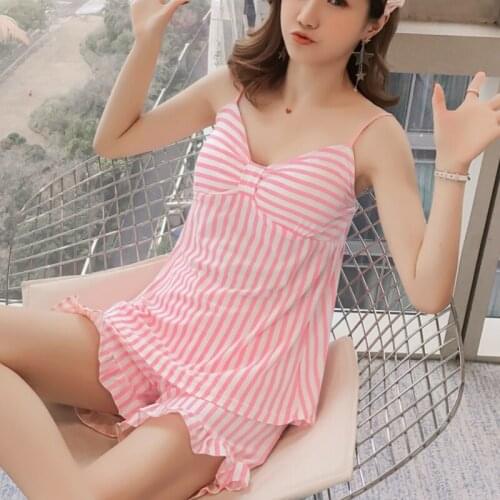 Sexy Cami Top With Chest Pad & Frilled Striped Shorts PJ Set Suits 2019 Summer Women Pink Sleeveless High Stretch Pajama Sets