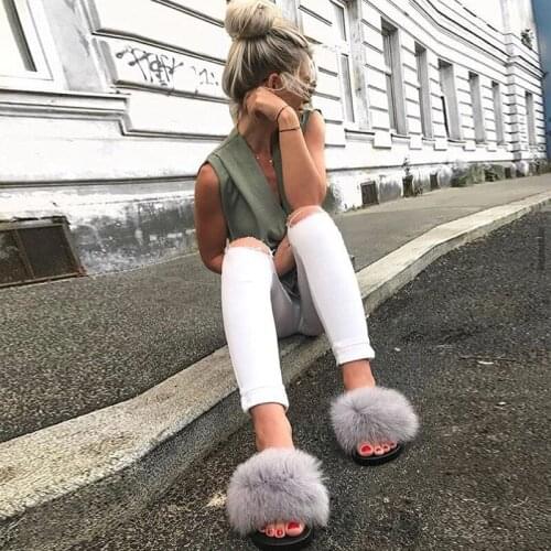 Fluffy Slides Female Sandals Furry Indoor Slippers Fox Fur Slides Plush Summer Women Cute Casual 2020 New Hot Sale