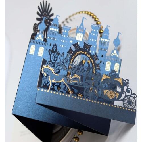 Vintage 3D Gear Light Castle Carriage Fairy Lover Couple White/Dark Blue/Red 18*12.5CM Wedding Invitation Paper Cards Decoration