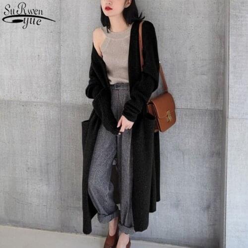 Solid Color Long Sleeve Knitwear 2021 Medium-long Thickened Warm Sweater Coat Autumn and Winter Korean Womens Cardigan 11853