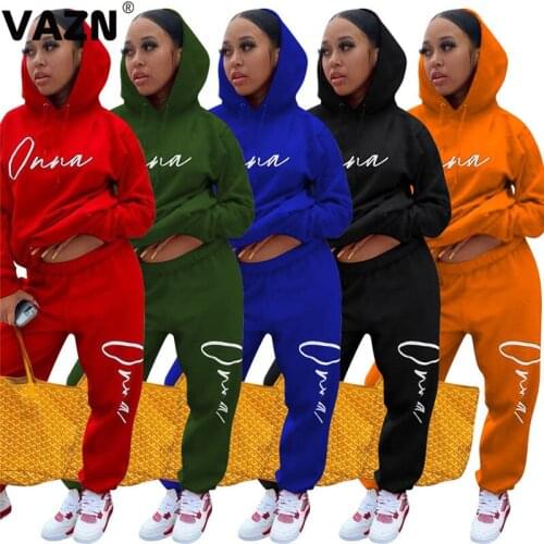 VAZN 2020 Top Quality Letter Simple Nature Casual Young Hooded Full Sleeve Long Pants Tracksuits Slim Women 2 Piece Set