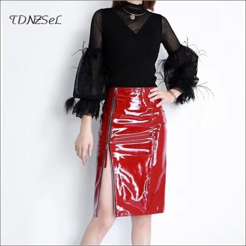 Womens High Waist Latex Faux Leather Skirts Zipper Split Office Lady Red Black Midi Pencil Skirt Party Shiny PU Skirts Custom