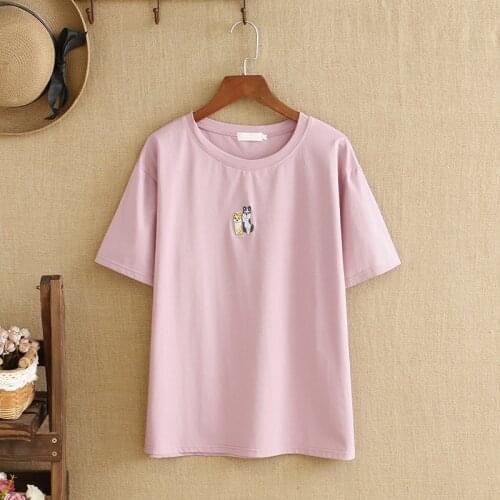 Plus Size T Shirts O-Neck Short Sleeves Knitted Cotton Fabric Embroidered Cartoon Pattern Large Summer Dress Fatlady Summer Tops